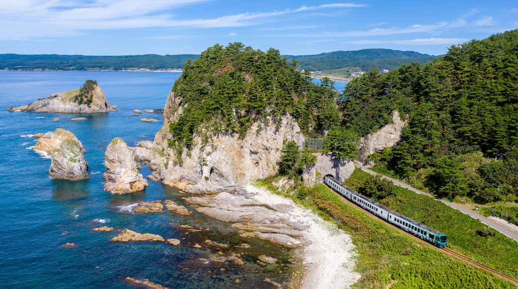 青森県 深浦町の海岸線にあるガンガラ穴付近を通過する五能線のリゾート列車を俯瞰撮影
