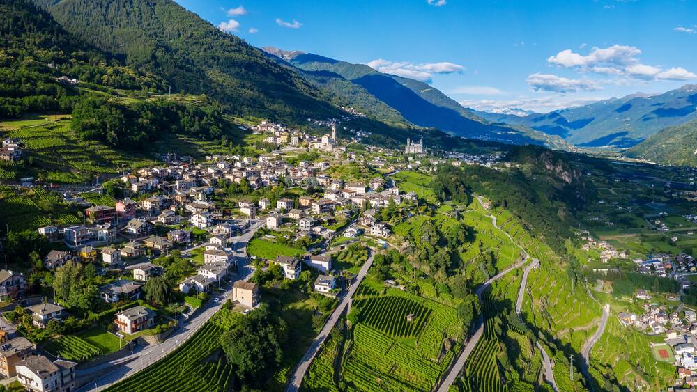 Valtellina (IT) - vineyards and terraces in the Poggiridenti area on the panoramic wine route