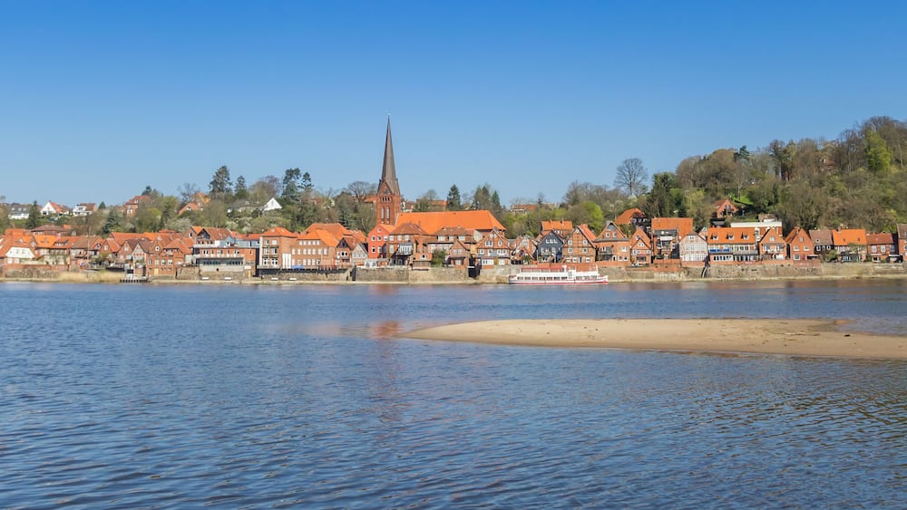 Panorama of the historic city Lauenburg and river Elbe in Germany