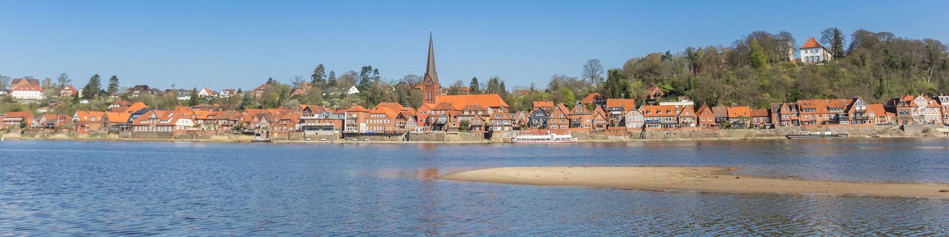 Panorama of the historic city Lauenburg and river Elbe in Germany