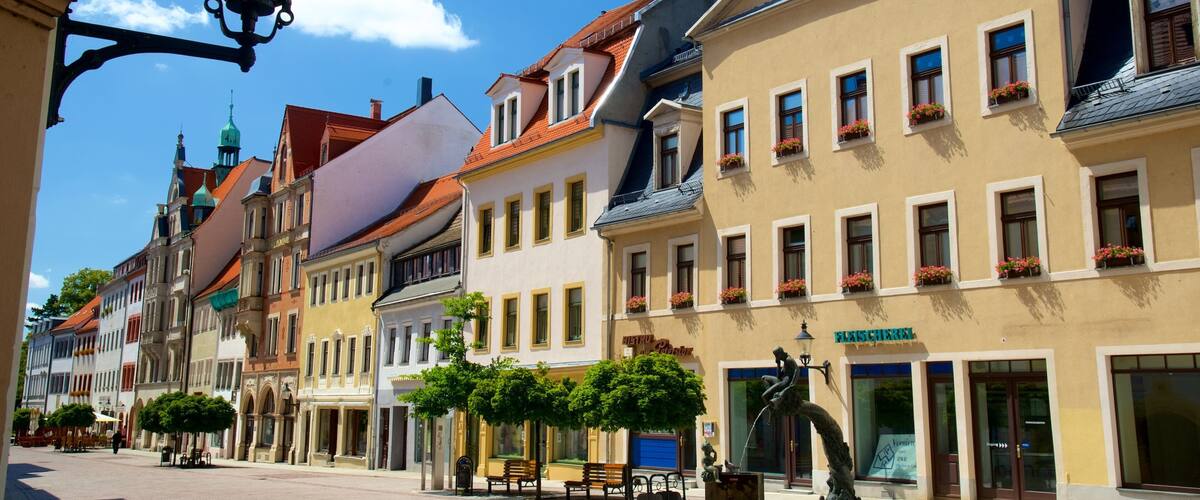 A street lined with historic buildings, benches, and a statue.