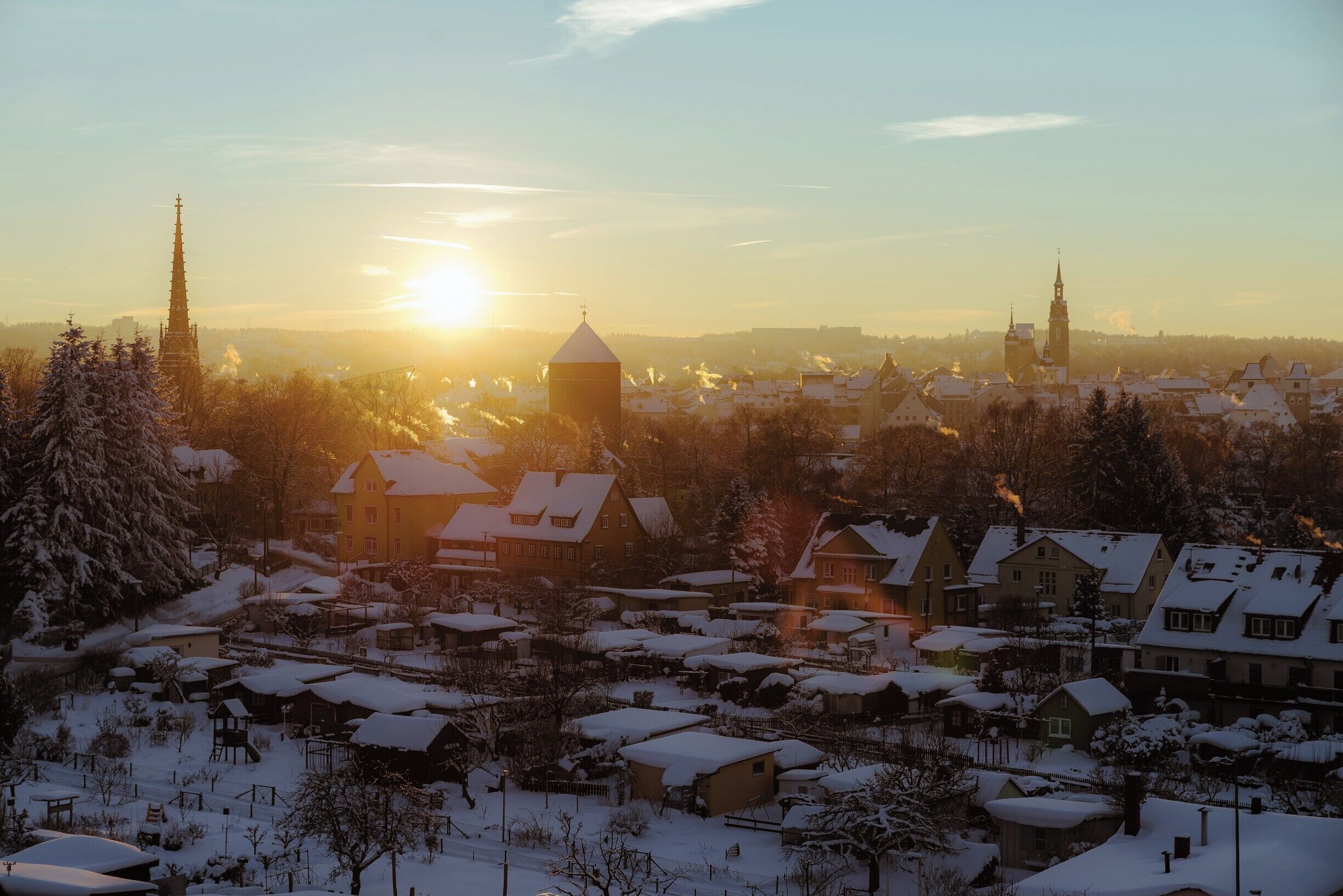 View at the sunset of the town of Freiberg. The photo is taken from the historical mine Alte Elisabeth