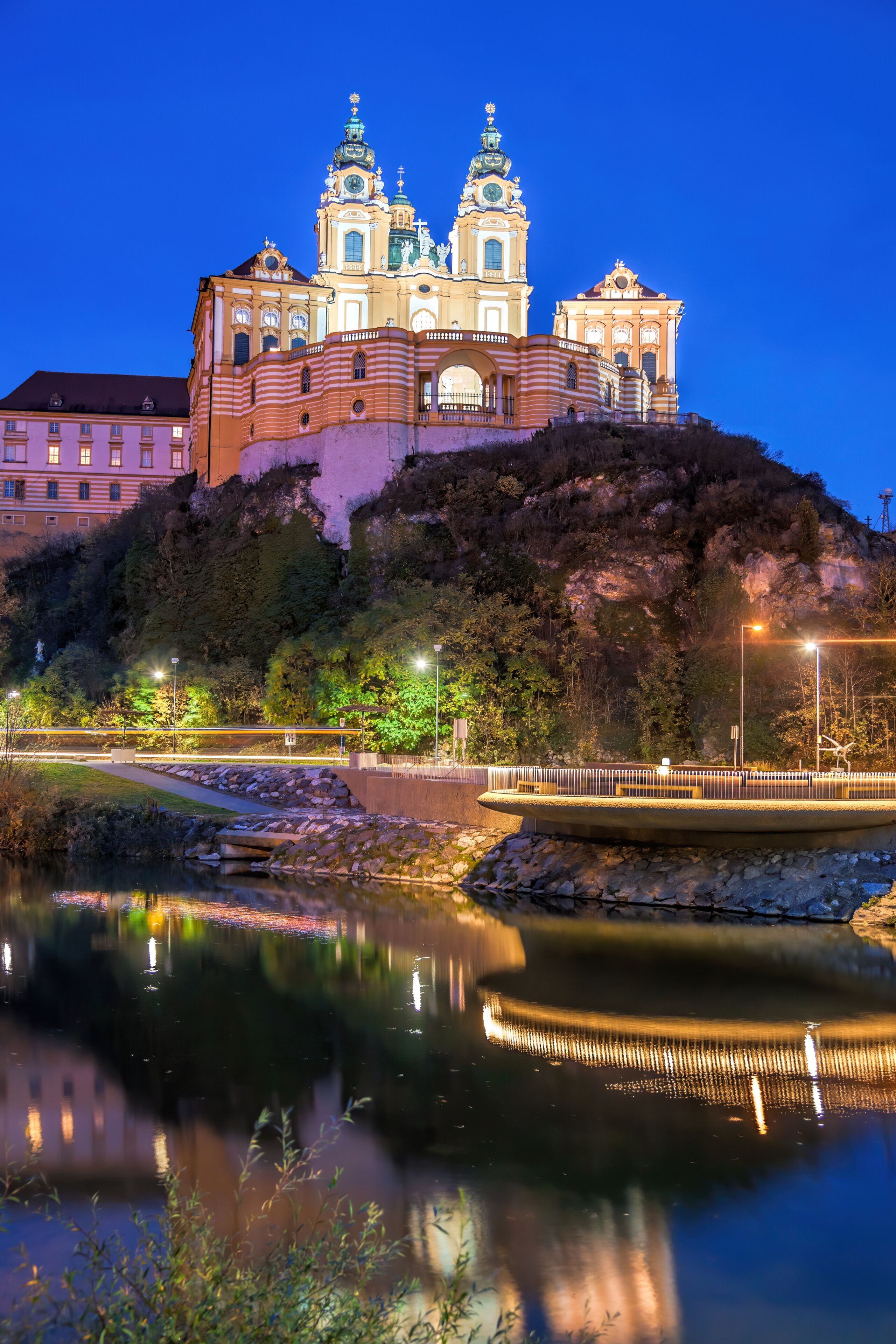 Melk abbey during evening in Wachau valley, Austria, UNESCO