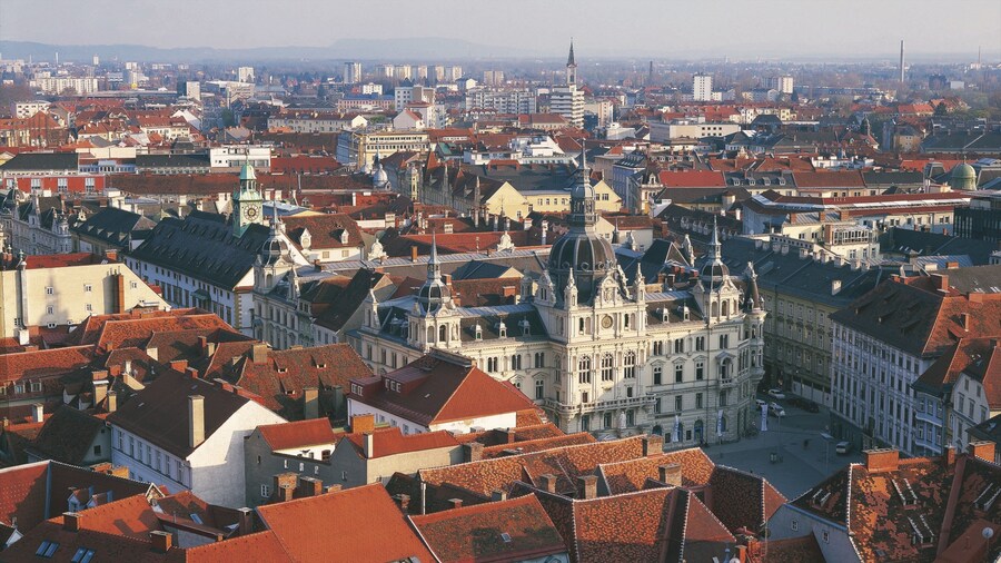 Graz Town Hall featuring mist or fog, heritage architecture and a city
