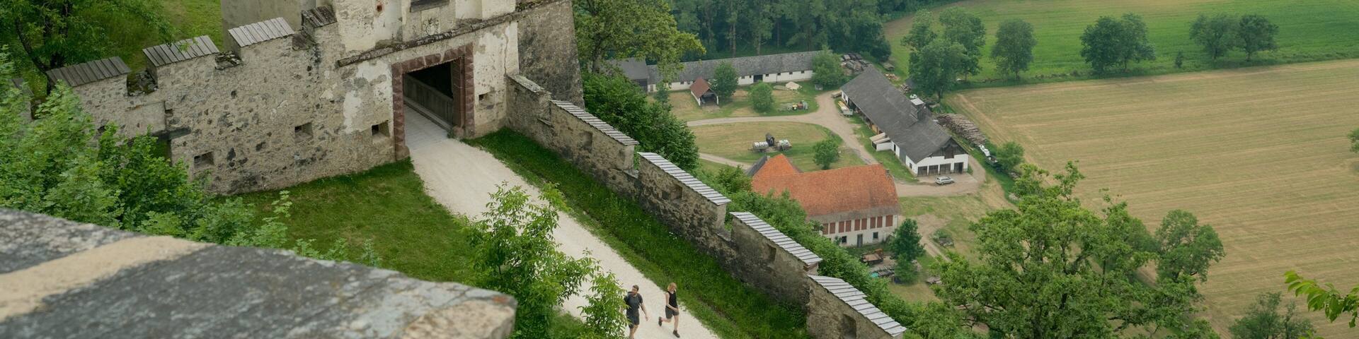 A historic stone castle with a conical roof overlooking a lush green valley.