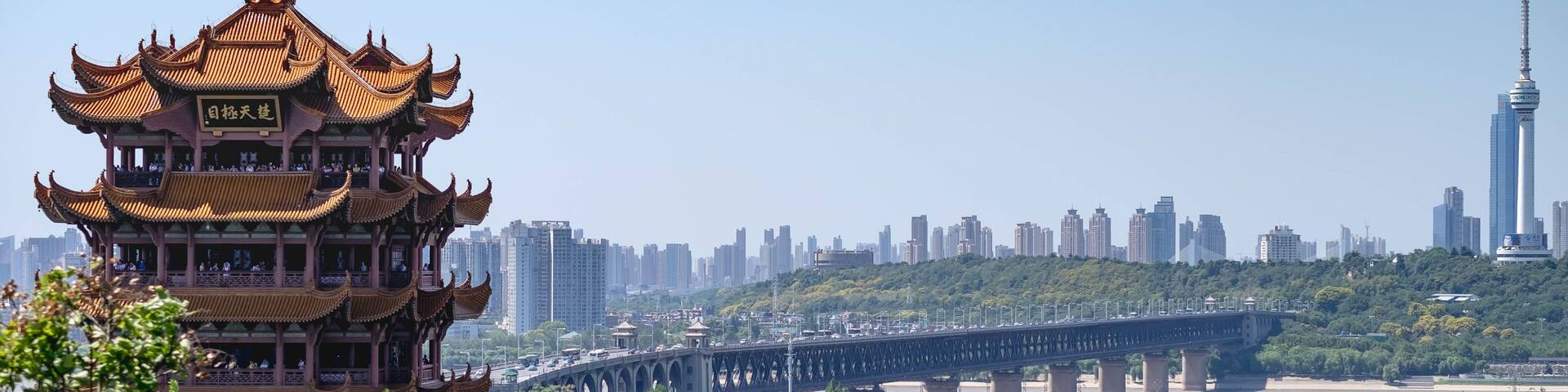 The double deck bridge across the Yantsze river. Panorama view .