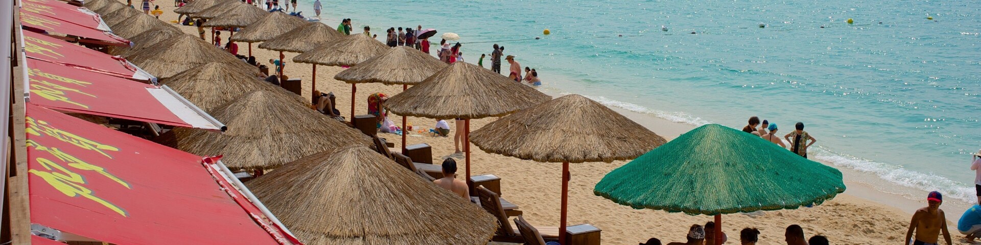 Dadonghai Beach showing a beach and general coastal views as well as a large group of people