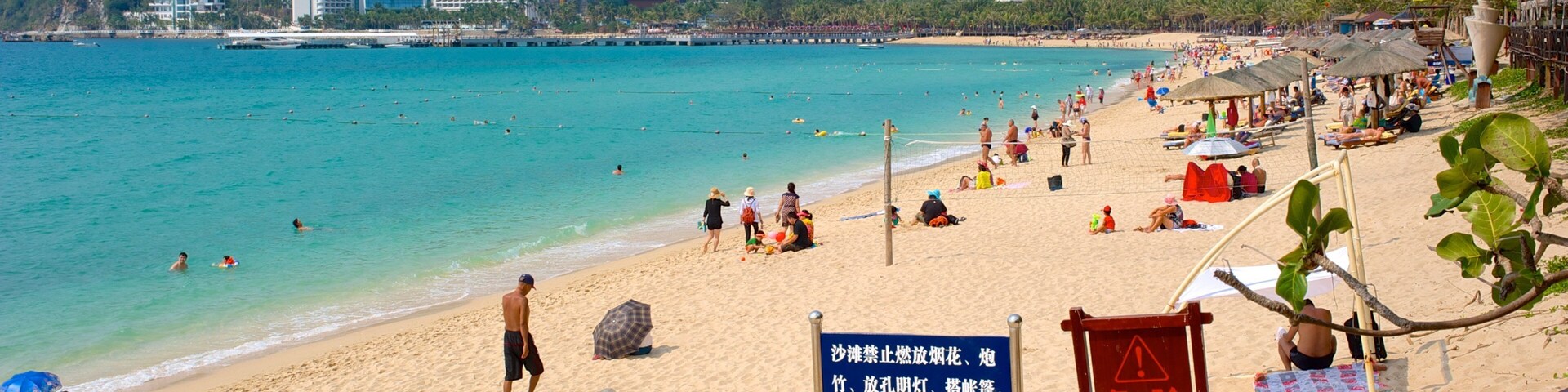 Dadongdai Beach showing signage, a coastal town and a sandy beach