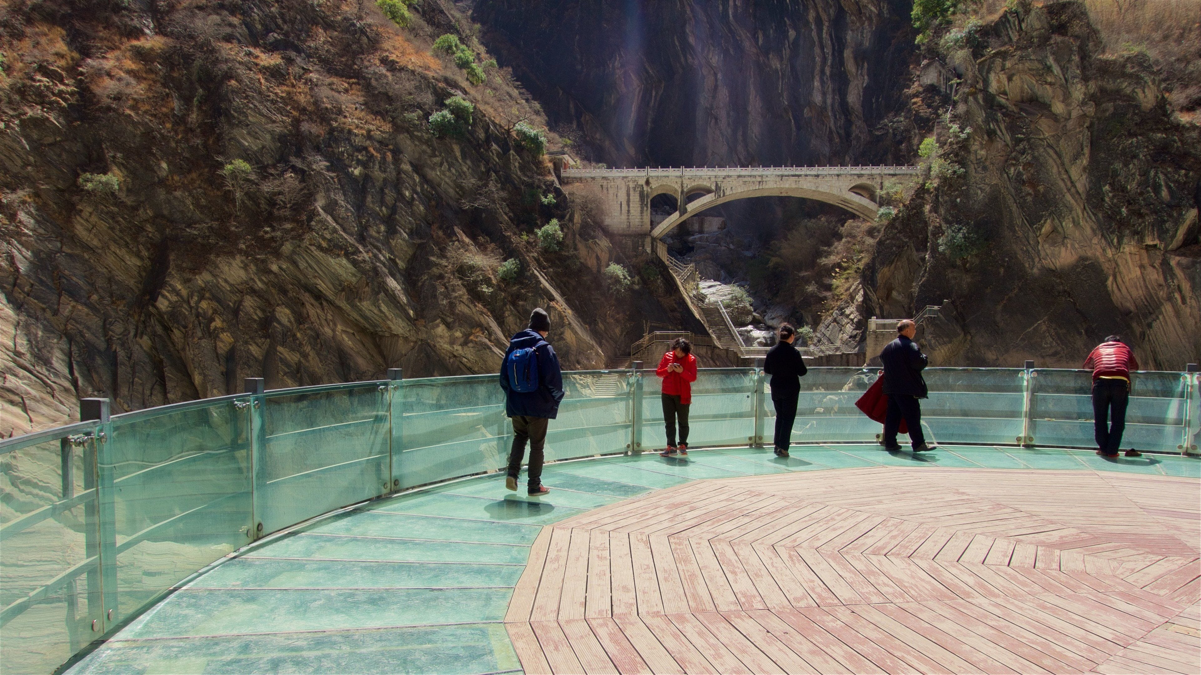 Tiger Leaping Gorge featuring views, a gorge or canyon and a bridge