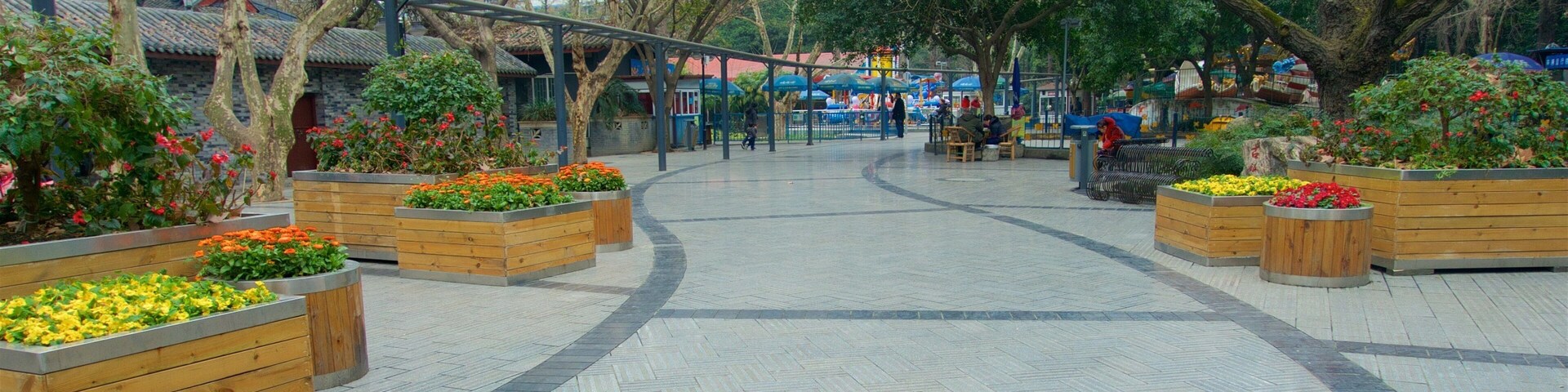 Una plaza pública con suelo de baldosas, jardineras de madera con flores, árboles y una vista distante de edificios.