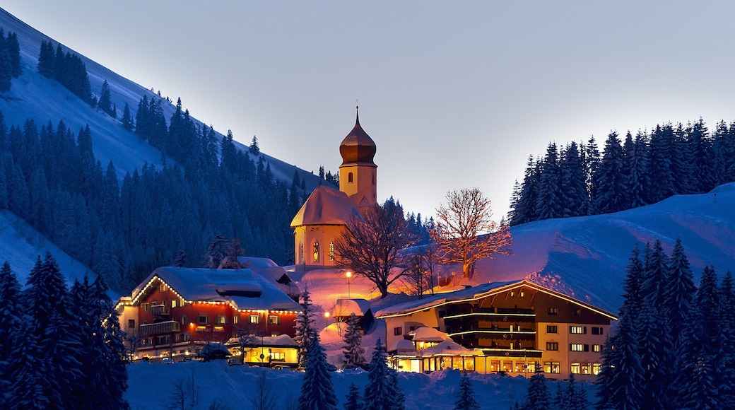Damuels-Mellau-Fashina Ski Resort fasiliteter samt snø, fjell og nattbilder