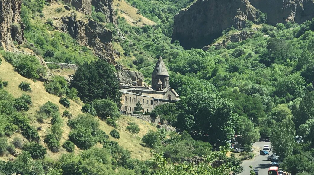 Geghard (Armenian: meaning "spear") is a medieval monastery in the Kotayk province of Armenia, being partially carved out of the adjacent mountain, surrounded by cliffs. It is listed as a UNESCO World Heritage Site.