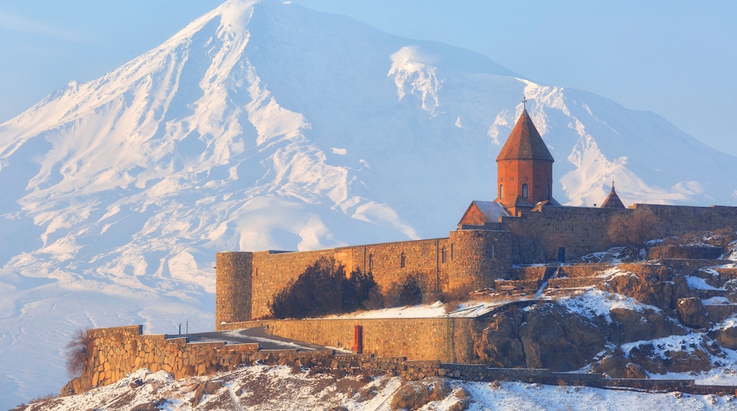 Ancient Armenian church Khor Virap with Ararat in winter