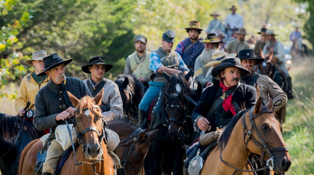 Pea Ridge National Military Park che include esercito e giro a cavallo cosi come un piccolo gruppo di persone
