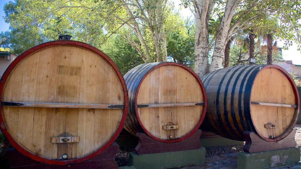 Three wooden wine barrels with metal bands, placed outdoors with trees in the background.