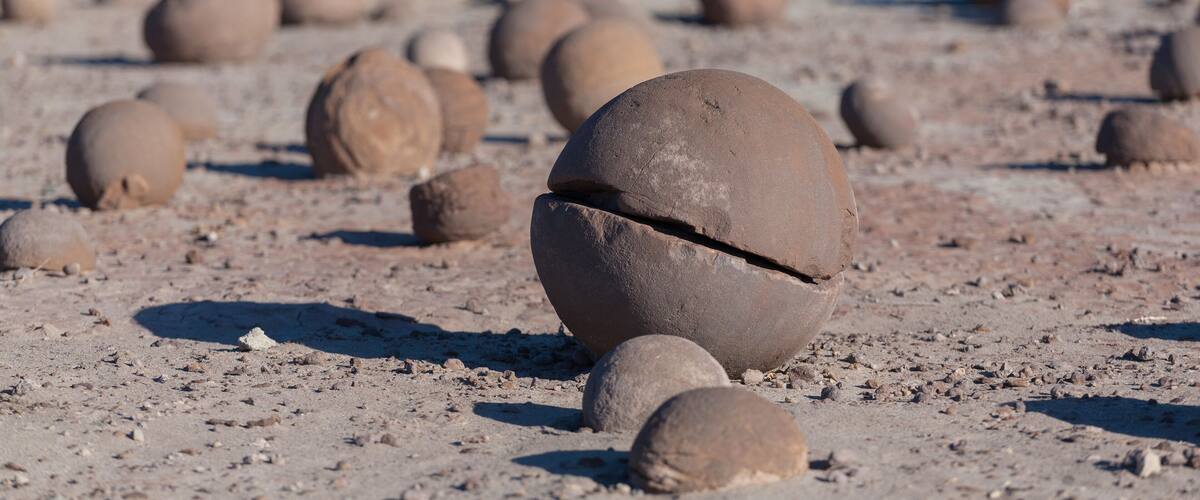 A desert landscape with numerous spherical rocks scattered across the ground.