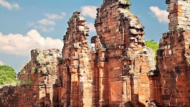The impressive gateway of the church stands as testament to the power the Jesuit missions held over the local populations. This red sandstone gateway once stood 30ft tall (10m) as it welcomed the native Christian population into it's cavernous interior.
San Ignacio Mini was a Jesuit mission established in 1610 with the aim of converting the local Guaraní natives. The mission moved to this location in 1666 and a large complex was erected to house and protect up to 4000 converts. The complex was built in Spanish baroque style around a central courtyard and included a large church, school, hospital, cemetery, dormitories and workshops.
The mission was largely abandoned when the Jesuits were expelled by Spanish decree in 1767, and was then destroyed by Paraguayan decree some 50 years later. The remains of the mission were rediscovered in 1897 and are now listed as a UNESCO World Heritage Site.