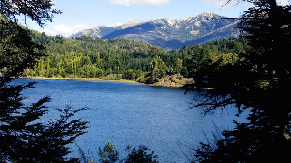 A lake surrounded by dense forest and mountains.