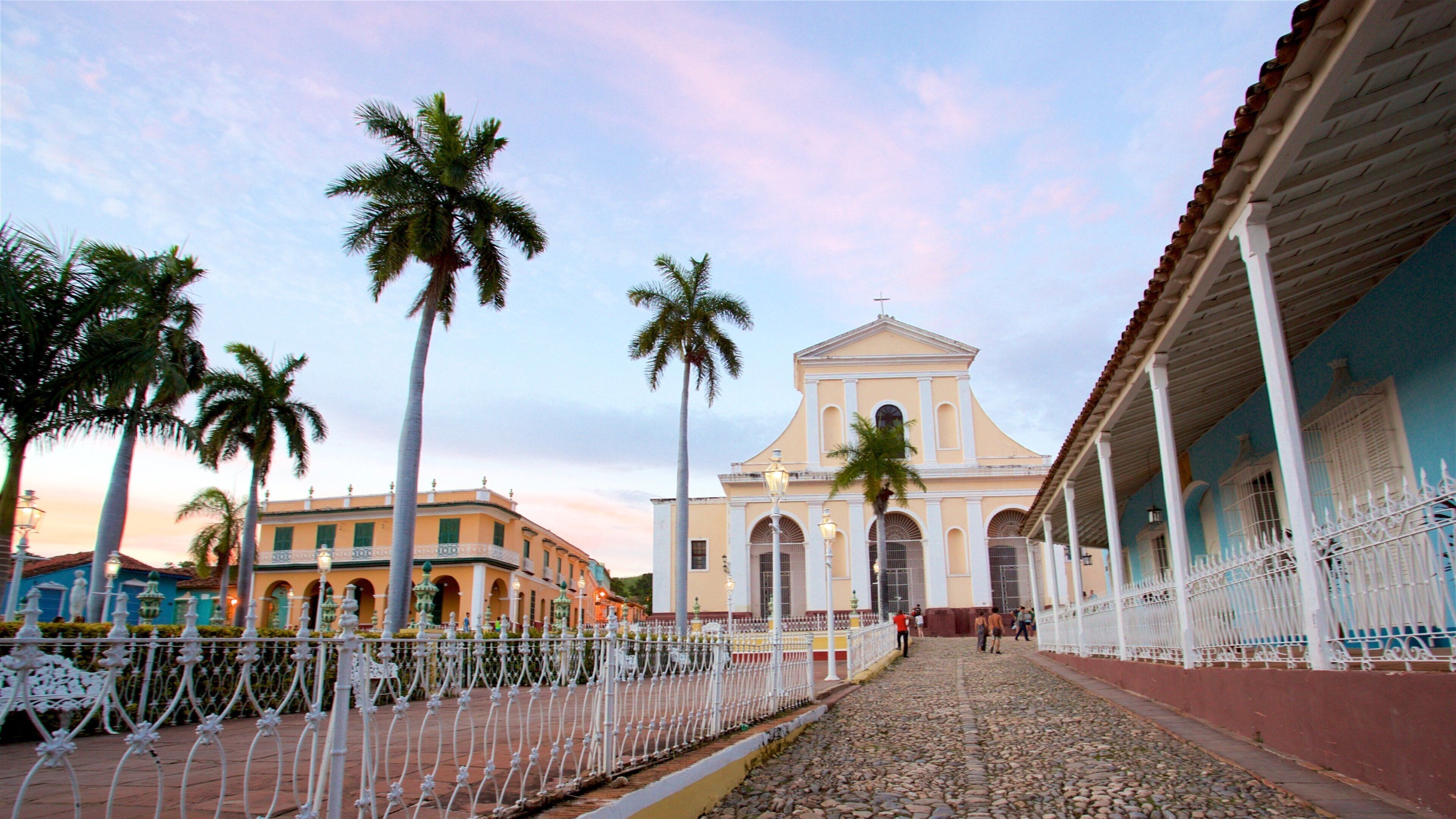 A historic building with a white facade and arched windows, surrounded by palm trees and a cobblestone street.