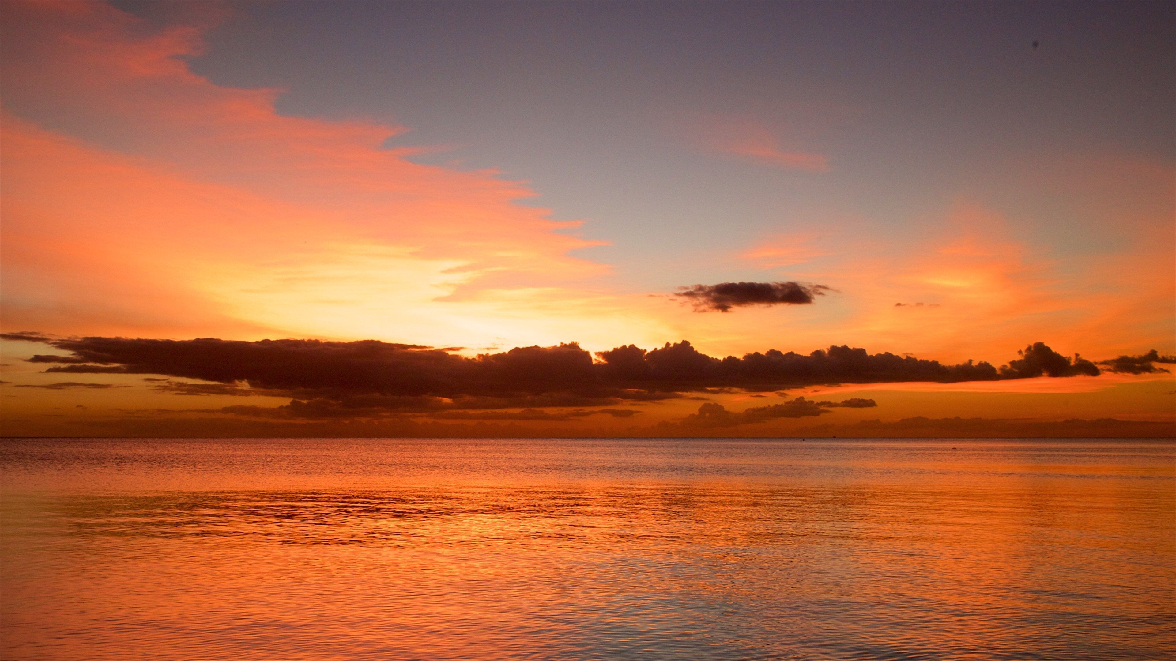 Ein Sonnenuntergang über stillem Wasser, im Hintergrund die Silhouette von Bäumen.