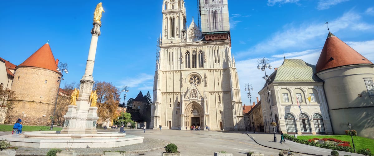 Cathedral and Blessed Virgin Mary monument in Zagreb. Croatia