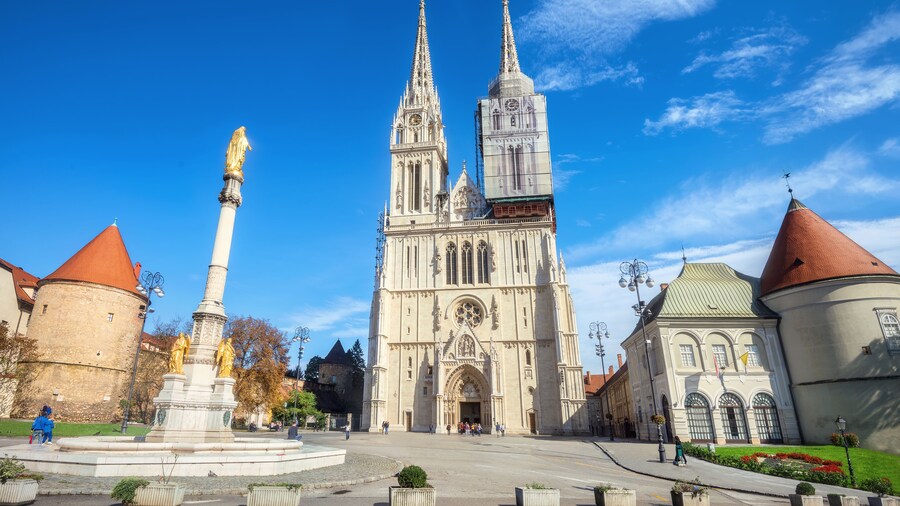 Cathedral and Blessed Virgin Mary monument in Zagreb. Croatia