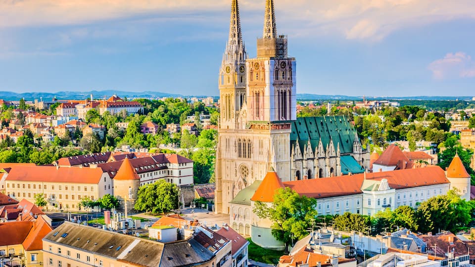 Zagreb cathedral aerial view. / Aerial view on cathedral in Zagreb city, capital town of Croatia, european landmarks.