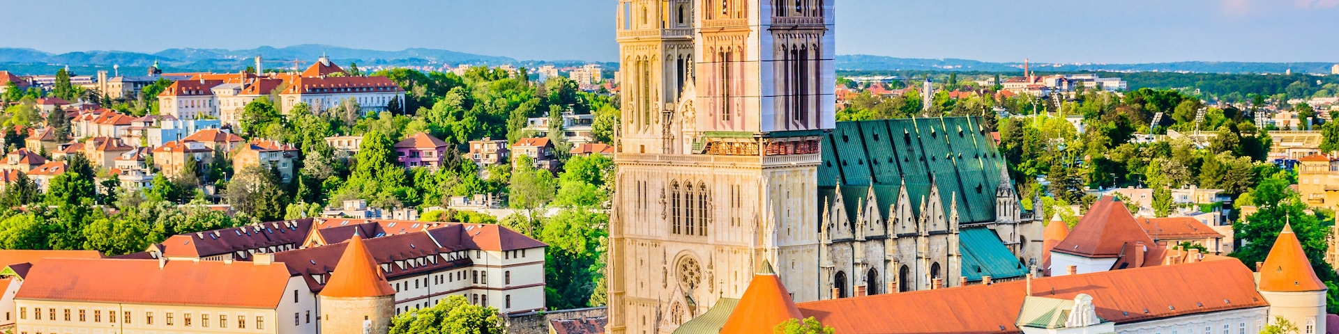Zagreb cathedral aerial view. / Aerial view on cathedral in Zagreb city, capital town of Croatia, european landmarks.