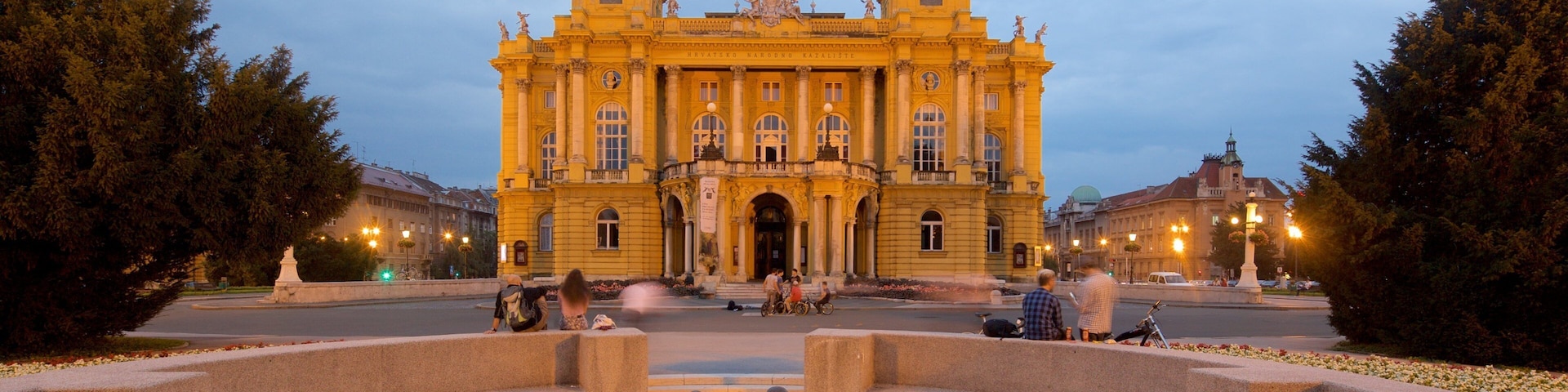 Croatian National Theatre which includes heritage architecture, theater scenes and night scenes