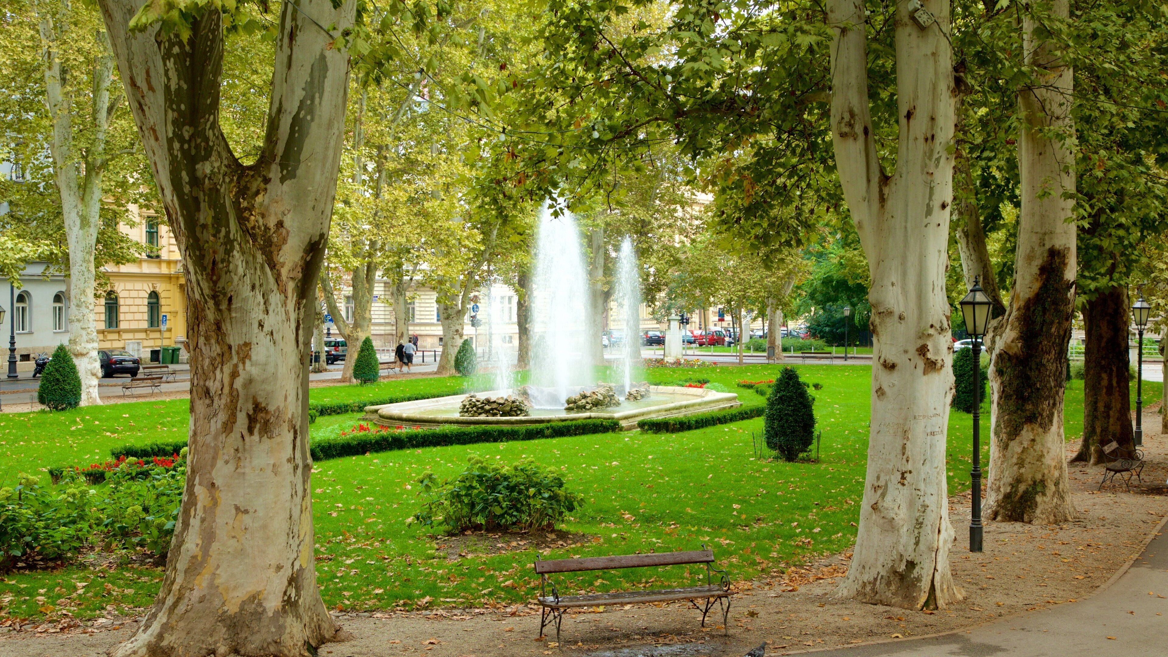 Zrinjevac mostrando um jardim, uma cidade e uma fonte