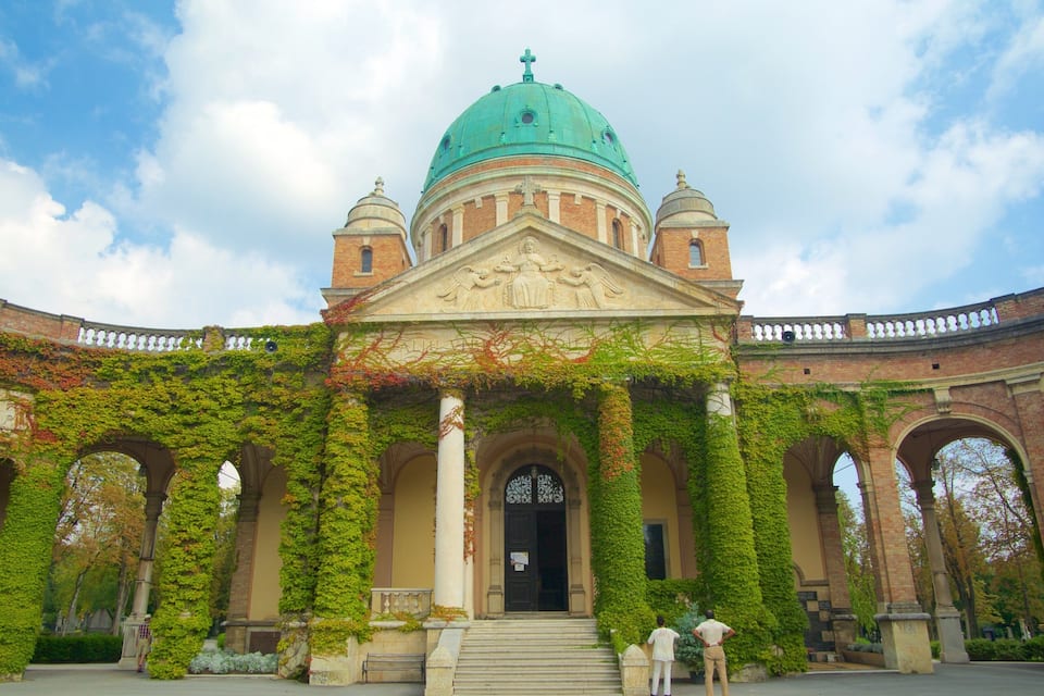 Un edificio histórico con una cúpula verde, ventanas arqueadas y muros cubiertos de hiedra.
