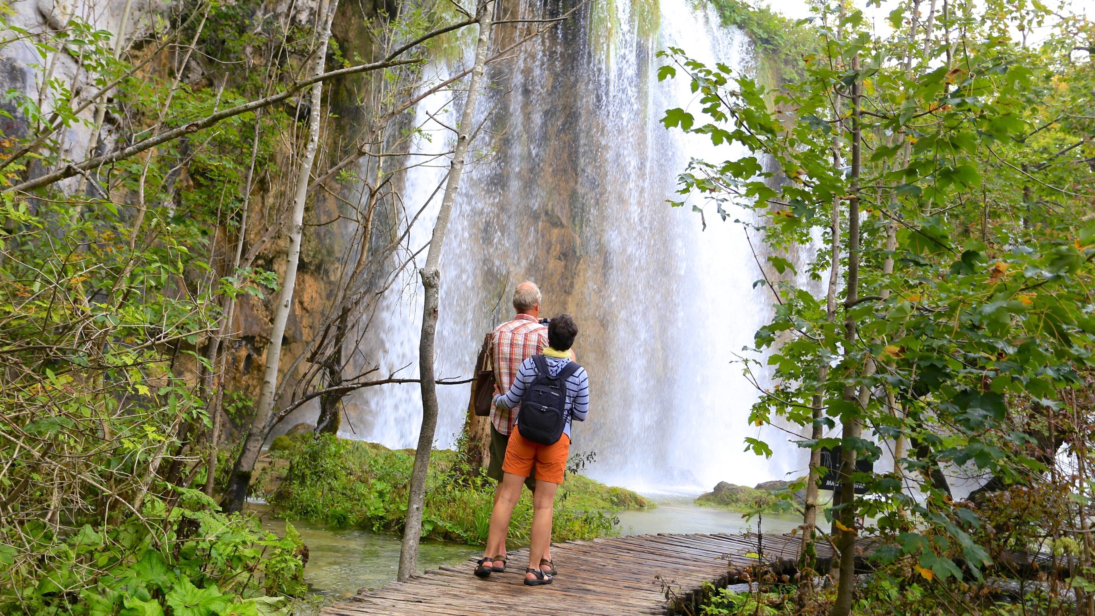 A waterfall with a wooden bridge leading to it.