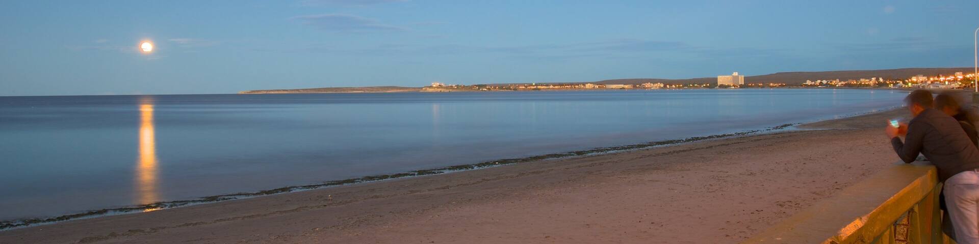 A beach at dusk with a calm sea, a visible moon, and a distant shoreline with buildings.