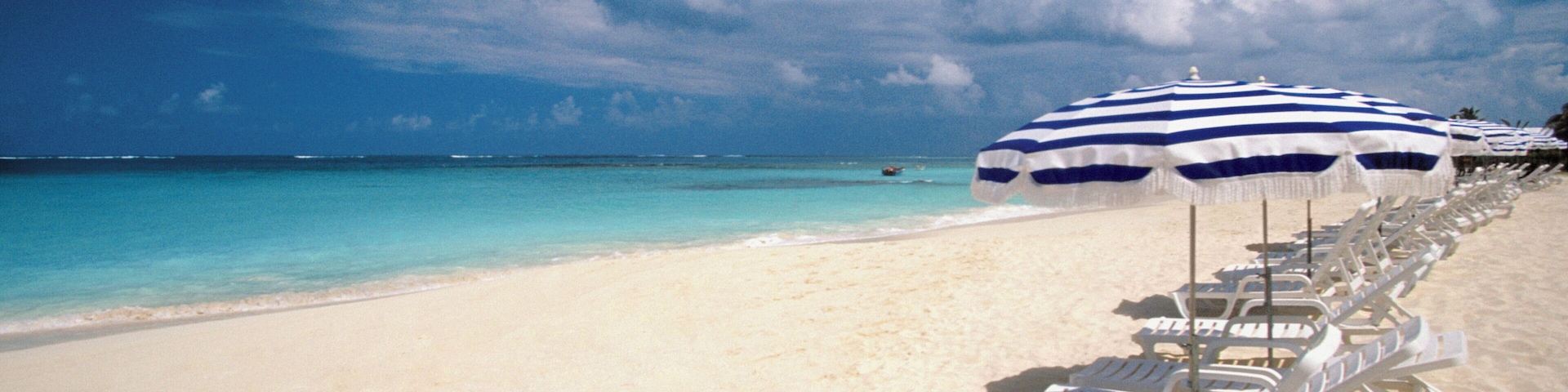 Many umbrellas and white lounge chairs in a line on Shoal Bay Beach on Anguilla, Caribbean