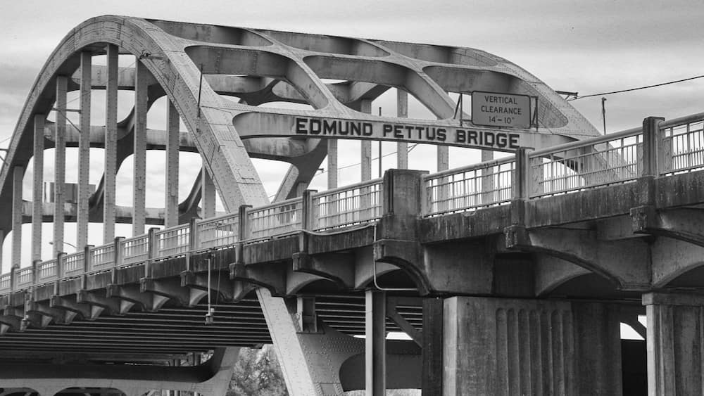Closeup of Edmund Pettus Bridge in Selma, Alabama in grayscale