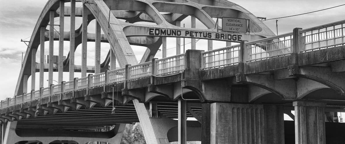Closeup of Edmund Pettus Bridge in Selma, Alabama in grayscale