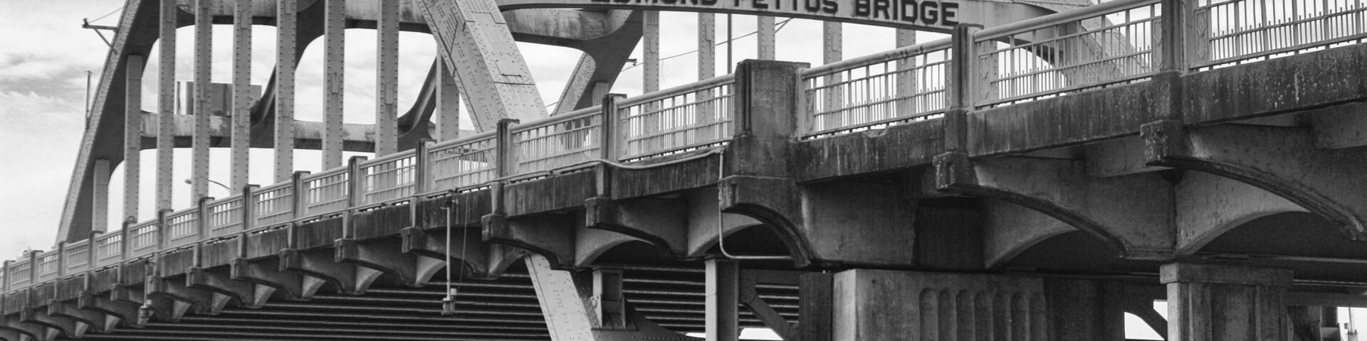 Closeup of Edmund Pettus Bridge in Selma, Alabama in grayscale