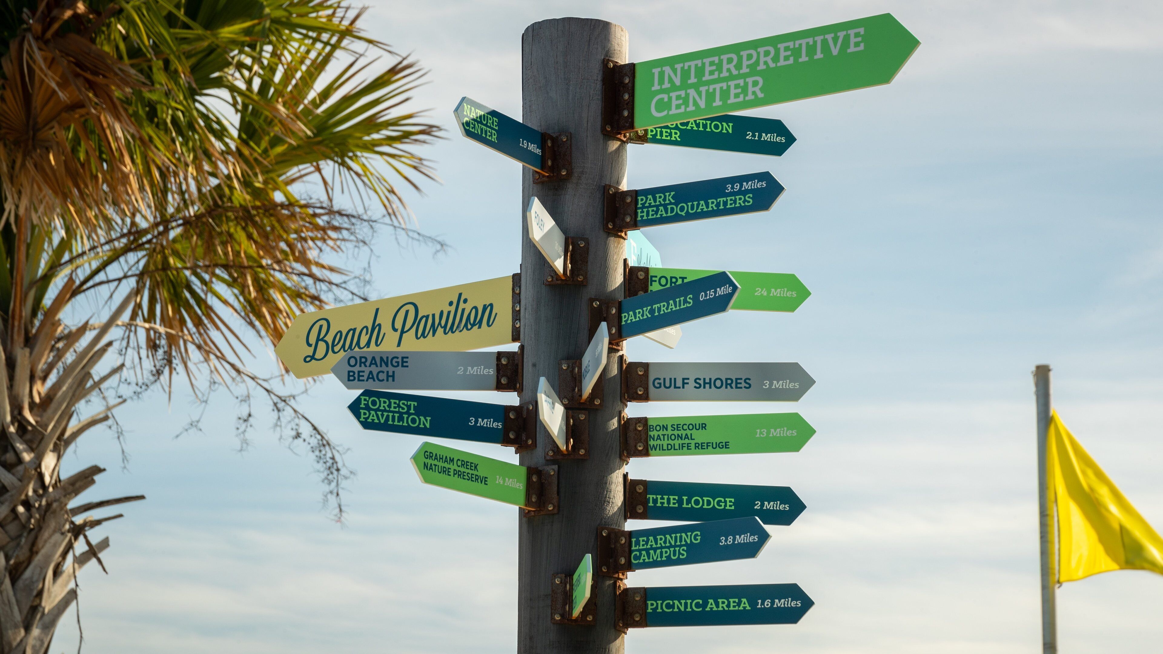 Un panneau indicateur directionnel comportant plusieurs panneaux pointant vers différentes destinations, comme le pavillon de la plage, Orange Beach, le pavillon de la forêt, et d’autres lieux.