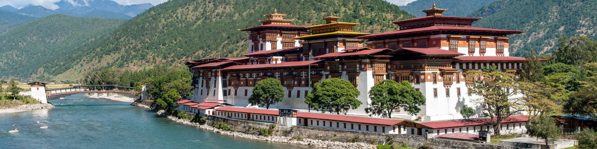 Punakha Dzong - Bhutan. Panoramic view of Punakha Dzong Fortress known as the Queen of Dzongs
