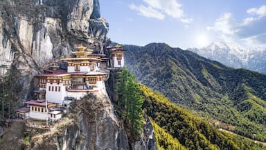 Taktshang Goemba or Tiger's nest Temple or Tiger's nest monastery the beautiful buddhist temple.The most sacred place in Bhutan is located on the high cliff mountain with sky of Paro valley, Bhutan.