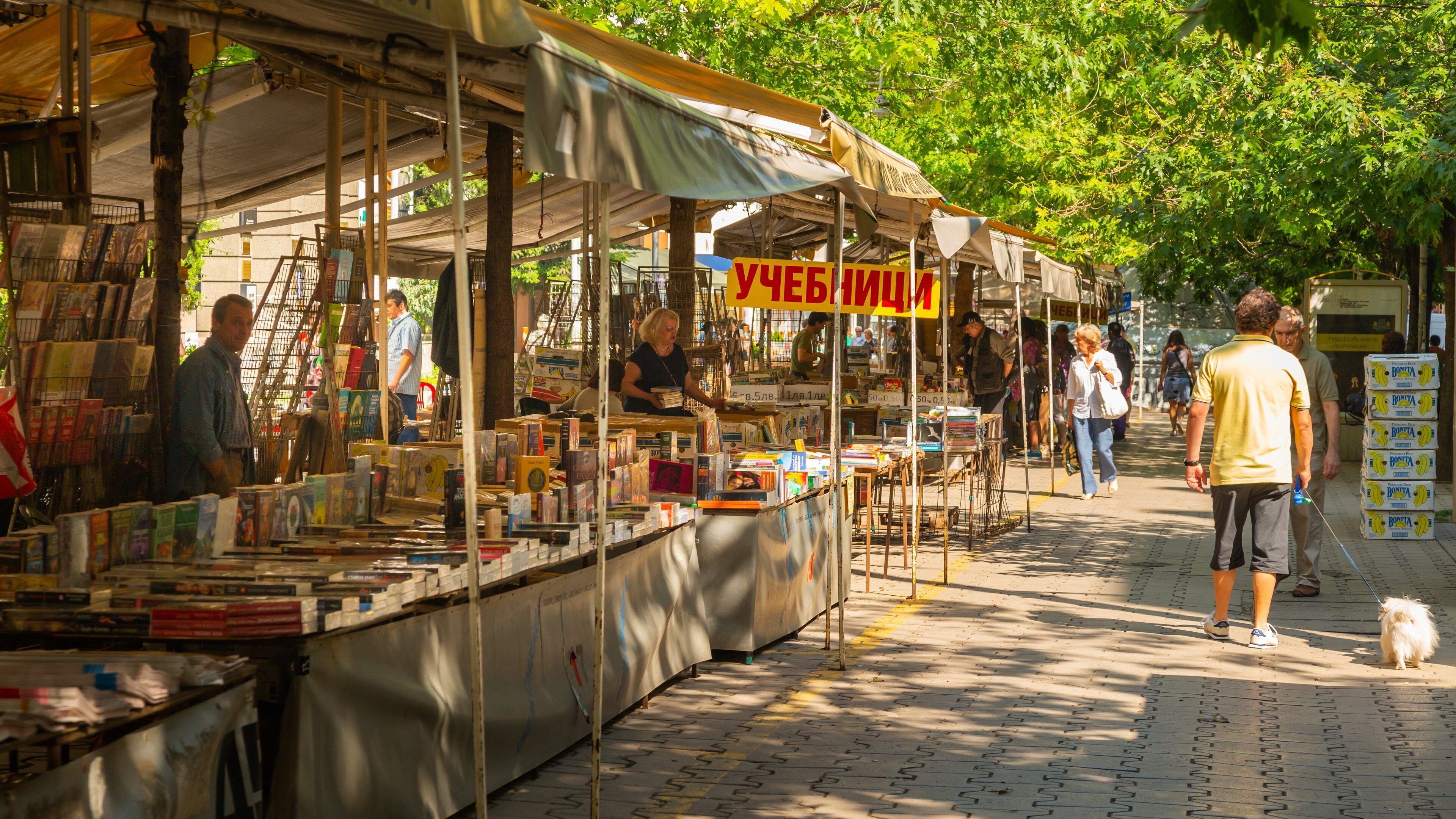 Slaveykov Square which includes markets and street scenes