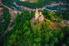 Aerial sunrise view of Tsarevets Fortress in Veliko Tarnovo in a beautiful summer day, Bulgaria 2018