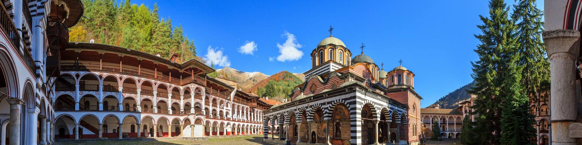 Beautiful panoramic panorama of the Orthodox Rila Monastery, a famous tourist attraction and cultural heritage monument in the Rila Nature Park mountains in Bulgaria