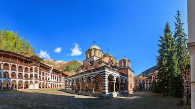 Beautiful panoramic panorama of the Orthodox Rila Monastery, a famous tourist attraction and cultural heritage monument in the Rila Nature Park mountains in Bulgaria