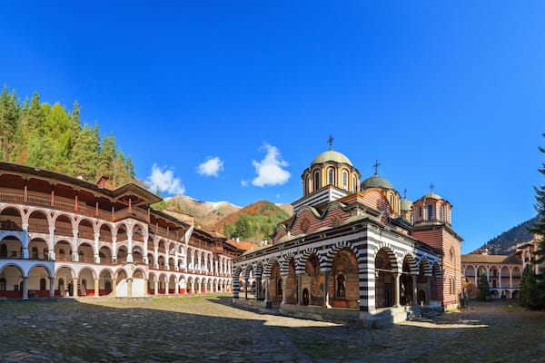Beautiful panoramic panorama of the Orthodox Rila Monastery, a famous tourist attraction and cultural heritage monument in the Rila Nature Park mountains in Bulgaria