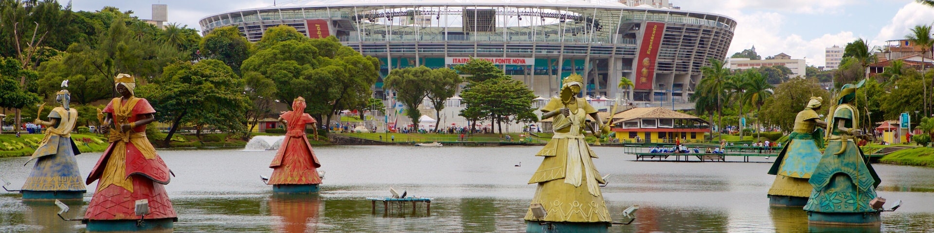 Estadio Fonte Nova que incluye un lago o espejo de agua, una estatua o escultura y jardín