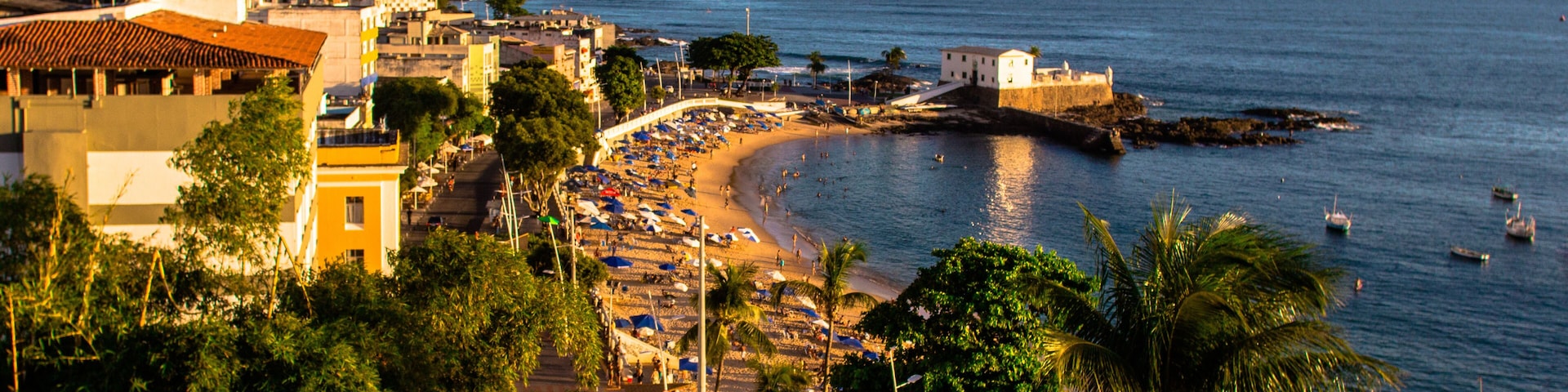 Paisagem costeira com praia, palmeiras e uma fortaleza.