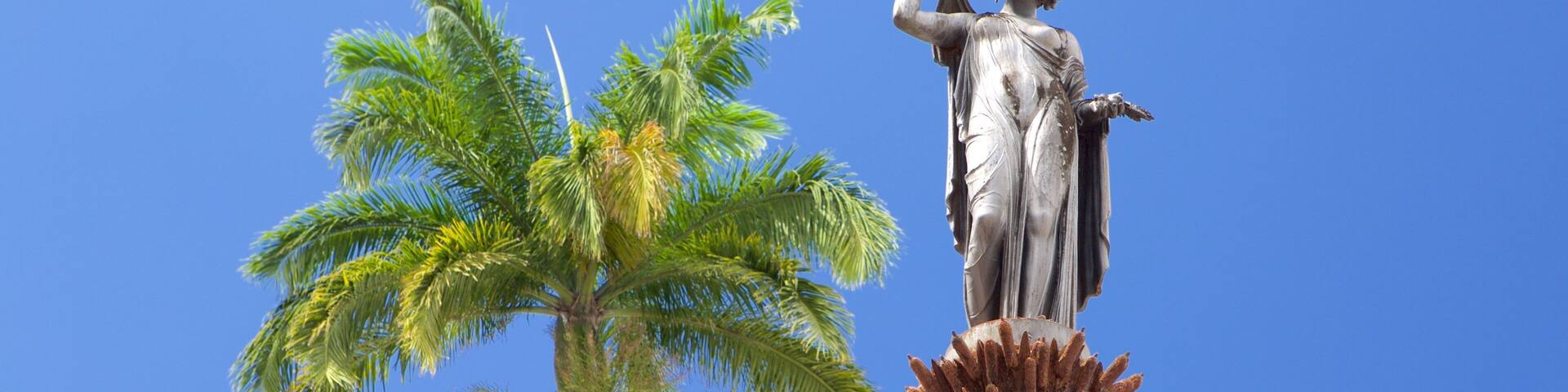 A statue on a fountain with palm trees in the background.