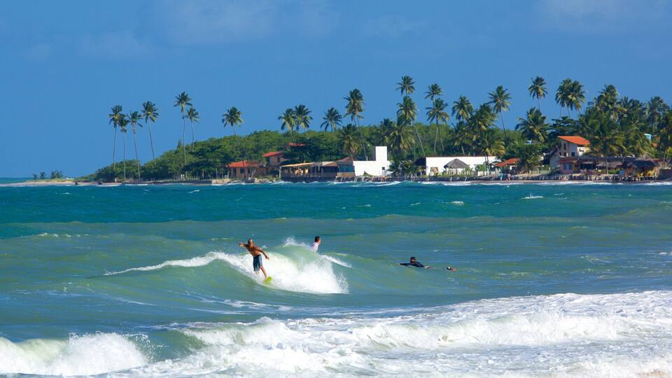 Maracaipe Beach showing surf, tropical scenes and a coastal town