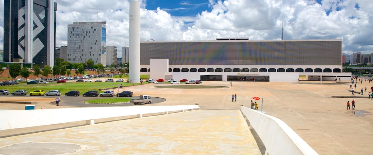 National Library which includes a square or plaza, modern architecture and a city